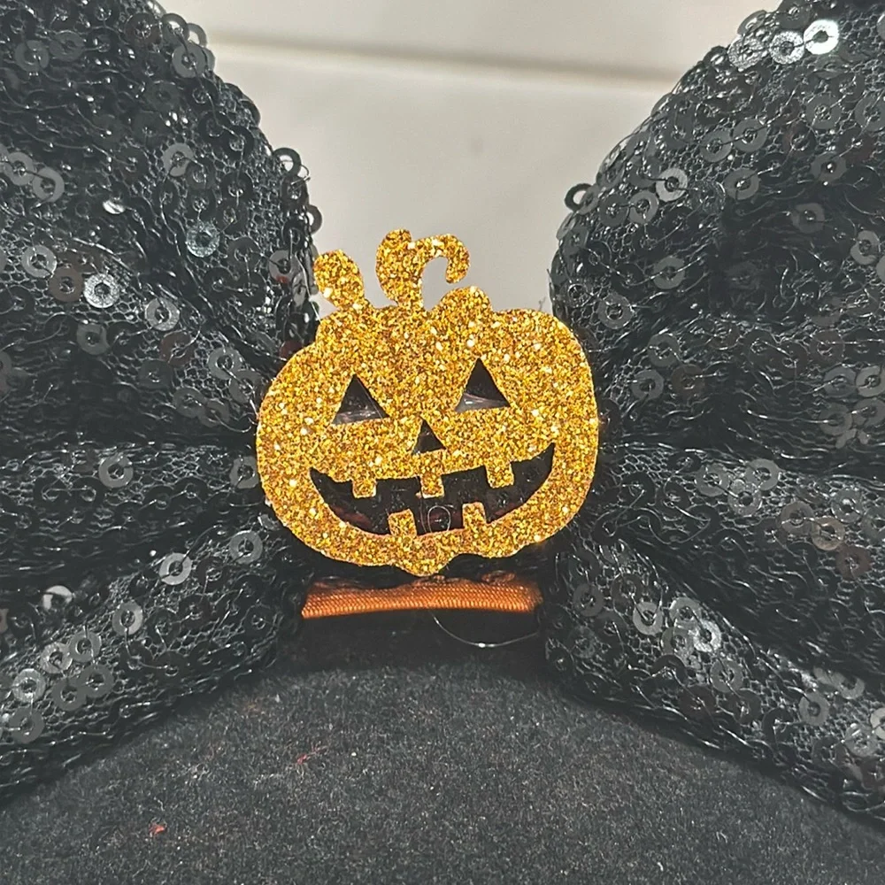 Halloween Pumpkin Minnie Mouse Sequin Ears Headband NEW Bow Spider Webs